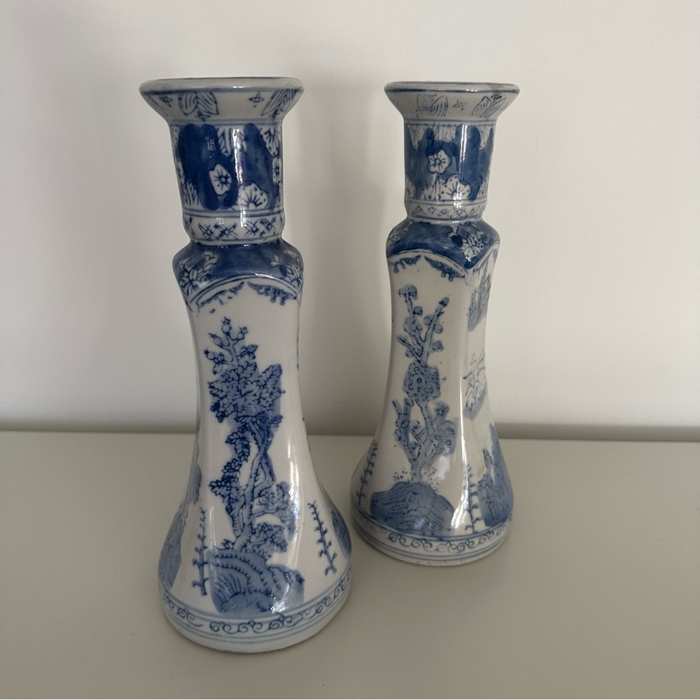 Two Vintage Williams Sonoma Chinoiserie Hand Painted Candle Holders Blue, White - Picture 2 of 9